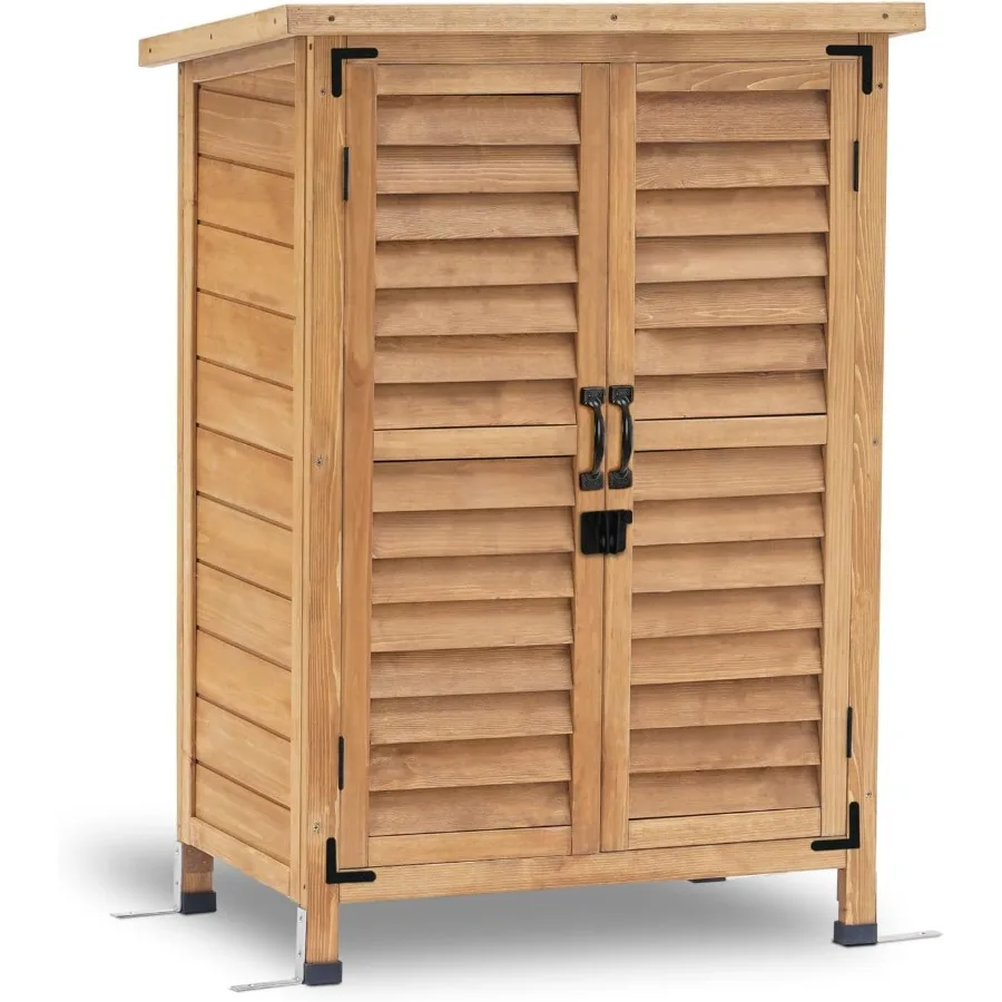 Small Outdoor Storage Cabinet for Garden Use, Solid Wood Shed with Interior Shelf, Natural Brown Finish, Weather-Resistant and