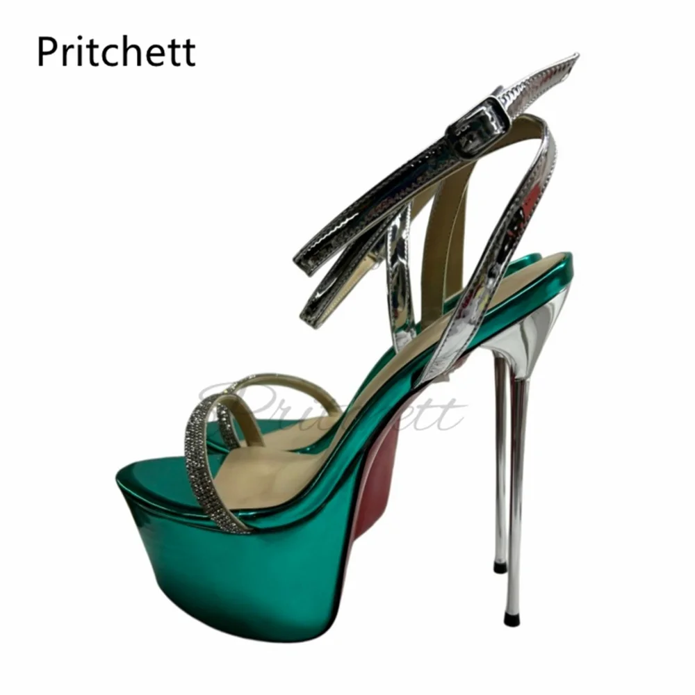 

16Cm Heels Rhinestone Strap Platform Sandals Women Open Toe Silver Stiletto Leather Summer Shoes Sexy Ankle Strap Runway Shoes