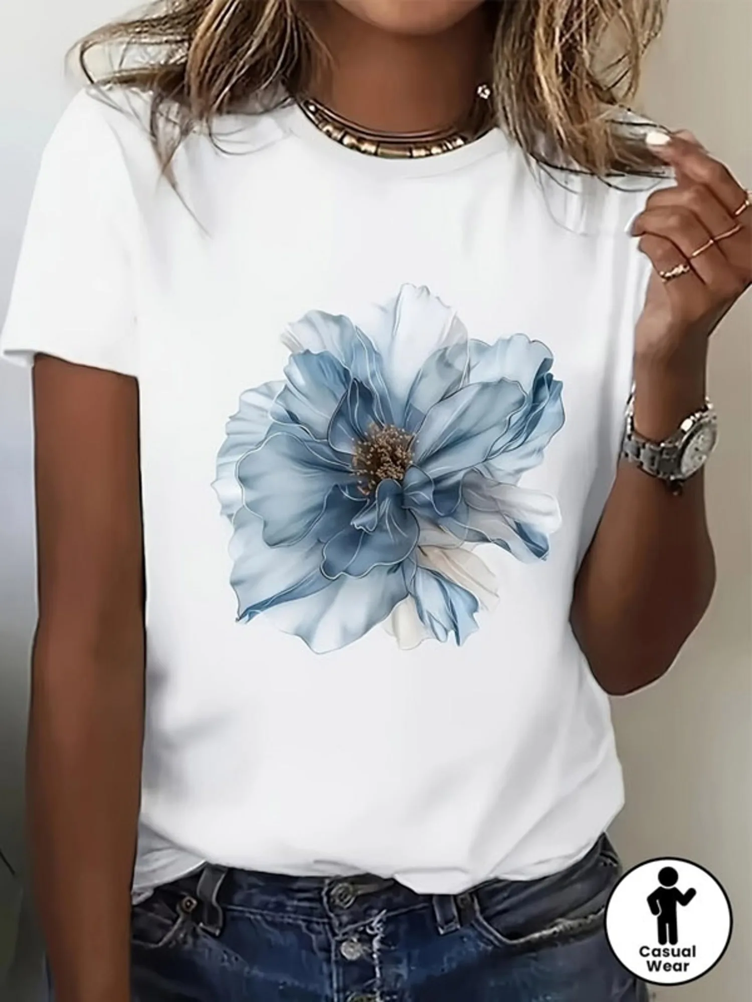 Women's Crew Neck Short Sleeve T-Shirt Large Light Blue Floral Graphic with Central Brownish-Golden Detail Print Tee Tops Female