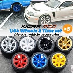 1/64 Wheels with Fixed Black Rubber Tires Seven Spokes for Model Diecast Cars Refiting Parts for Hotwheels (5 sets for 5 Cars)