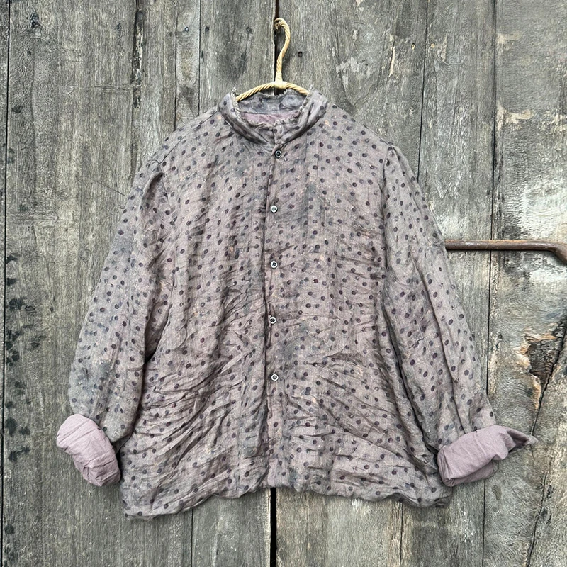 Damskie płaszcze z bawełny i lnu, codzienne, nowość 2025, jesień, styl vintage, stójka, luźne, w kropki, damskie kurtki z długim rękawem M2001