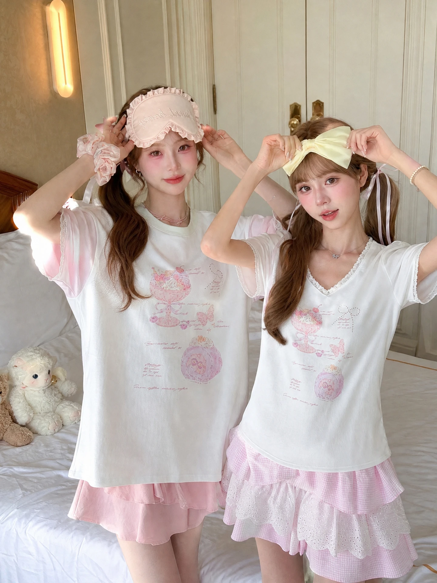 Sweet Girl Lace V-neck T-shirt Women's Short Sleeve Cotton Summer Top Printed Design Diamond Sensation Bitter Sweet Style