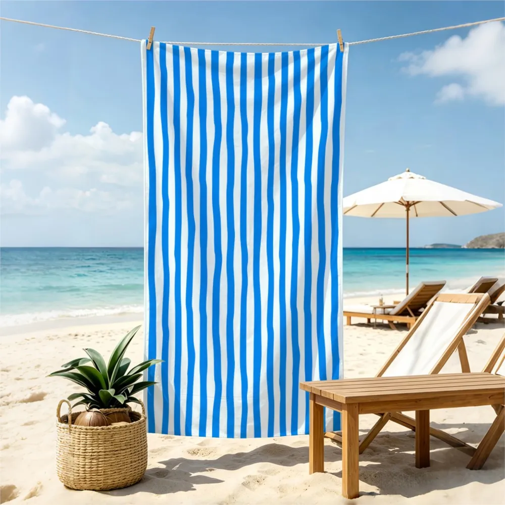 1 piece of simple blue and white printed beach towel, ultra-fine fiber beach towel, quick drying and absorbent swimming beach to