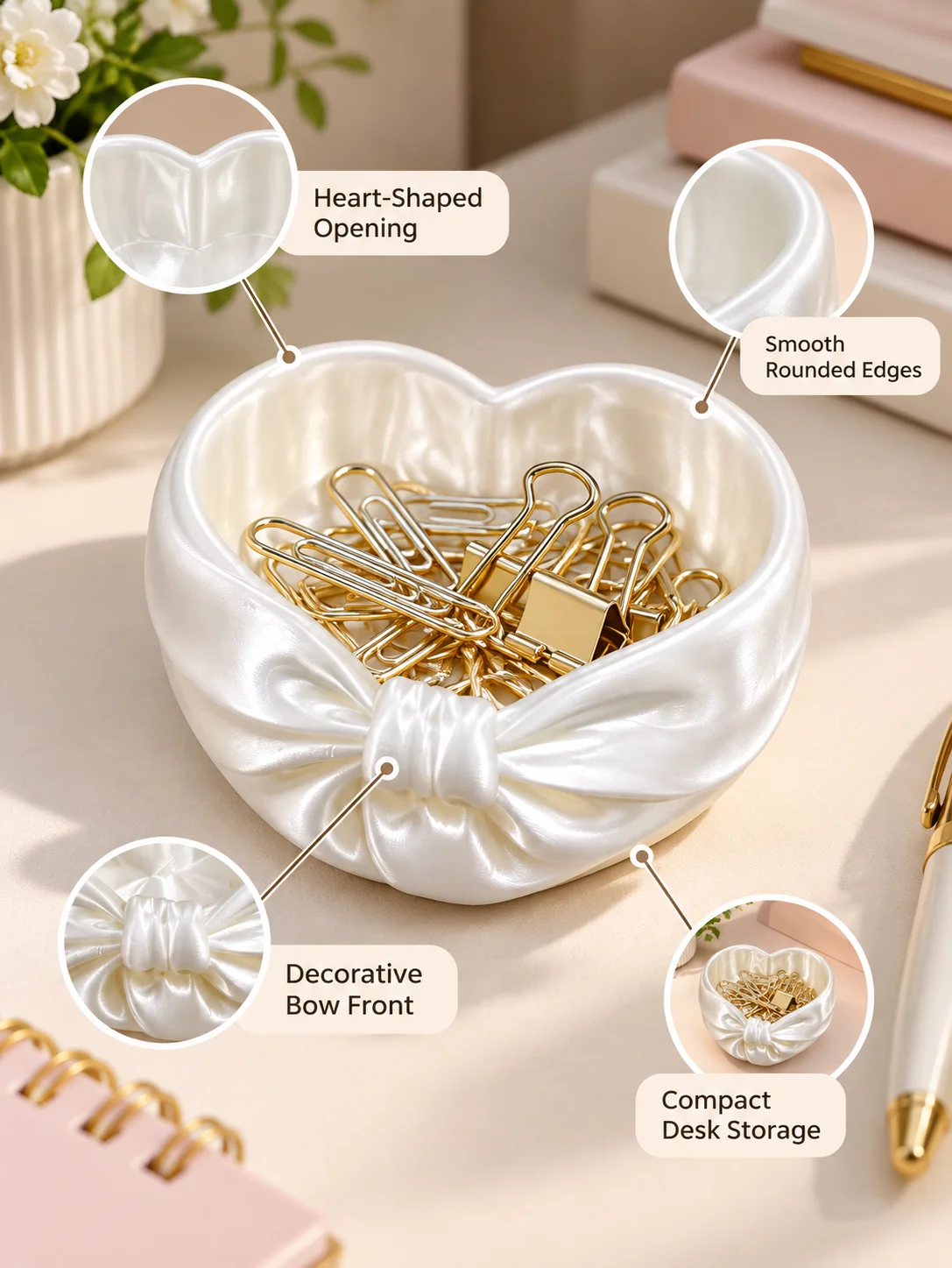 Say Goodbye to Desktop Clutter, No More Random Paper Clips Lying Around. Heart-Shaped Desktop Storage Box for Organizing Small Items, 3D Printed White Petg Bowknot Decorative Jewelry Tray, Satin-Like Texture with Smooth Edges, Small Storage Bowl, Easy to Sort and Store Paper Clips, Stationery, Rings, Earrings, and Jewelry. Items Are Neatly Arranged and Easily Visible, Easy to Access. Large Opening Design for Convenient Retrieval. Compact Size Does Not Take up Desktop Space. Suitable for Office Desks and Study Tables