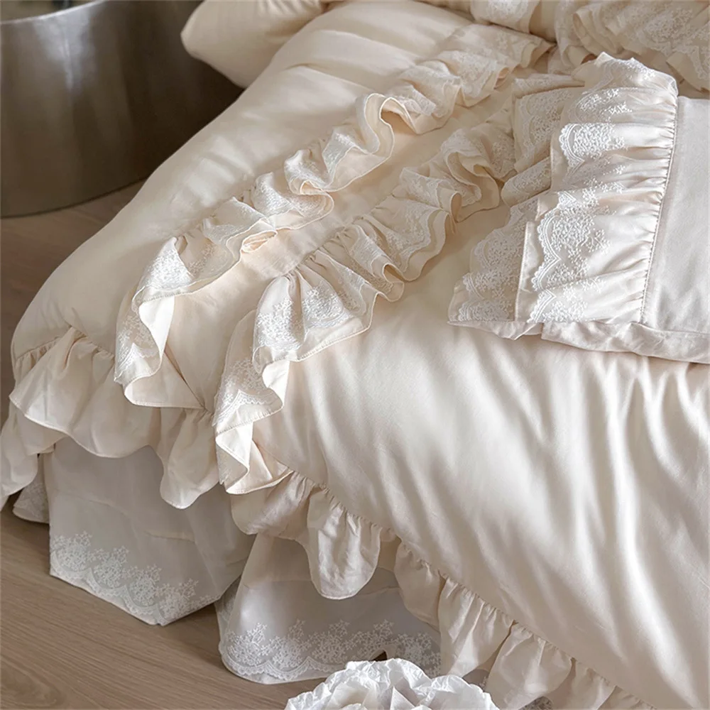 JC القطن الساتان المصقول الفرنسية الأميرة القطن تنورة السرير أربع قطع فتاة القطن الدانتيل غطاء لحاف الفراش
