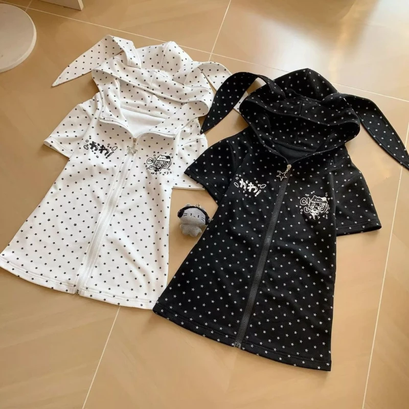 Japanese Kawaii Cute Polka Dot Hooded Short Sleeve T-Shirts Women Summer Fashion Lovable Casual Zipper Designer Hoodie Outfits