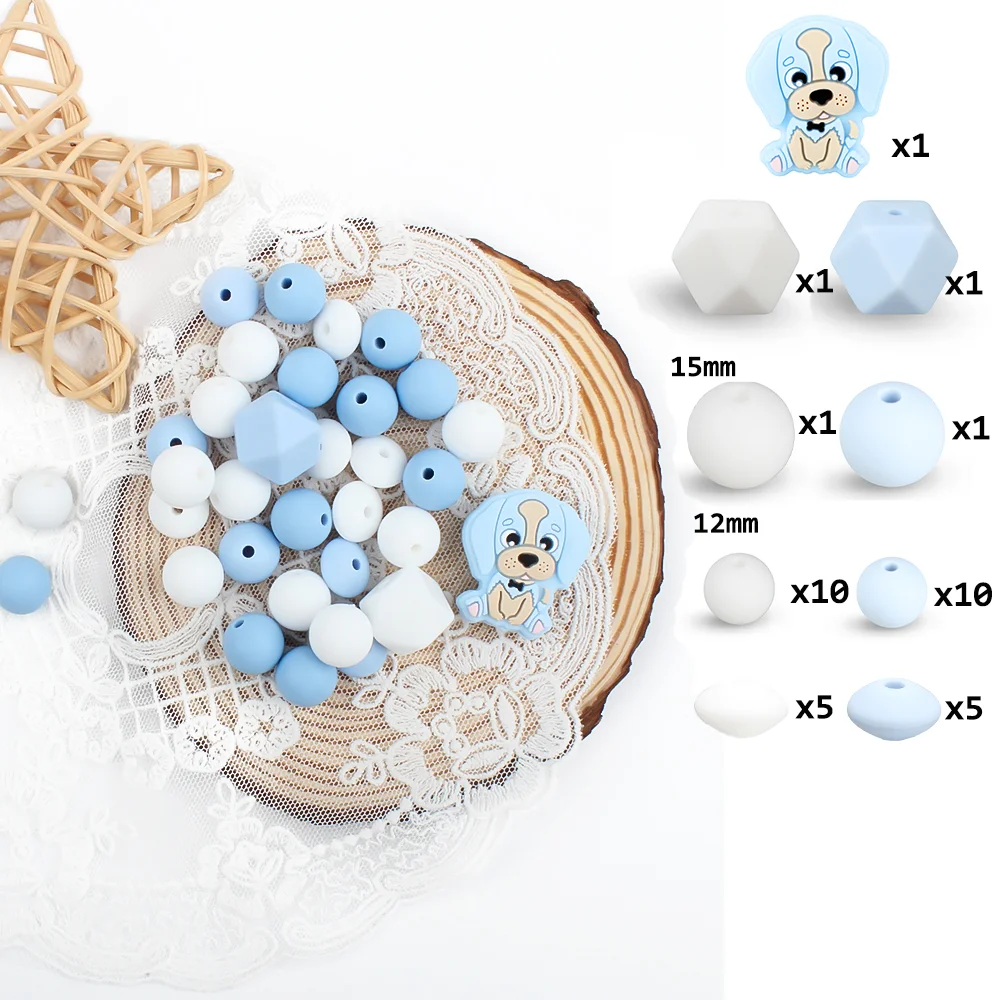 35Pcs/Set Silicone Beads Baby Round Teething Beads Cartoon Dog Set Food Grade Teether DIY Handmade Beaded Bracelet Jewelry Set