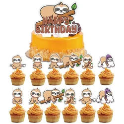 Cartoon Tree Sloth Cake Toppers,Animal Theme Cake Decoration, Brown Sloth Happy Birthday Cake Insert