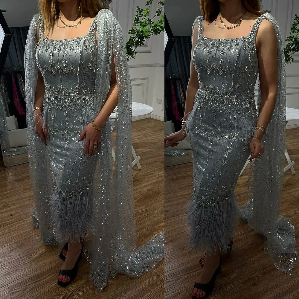 CustomizedBling Gray Mermaid Arabic Evening Dress With Cape Feather Prom Formal Dresses For Wedding Party Gowns LA71492