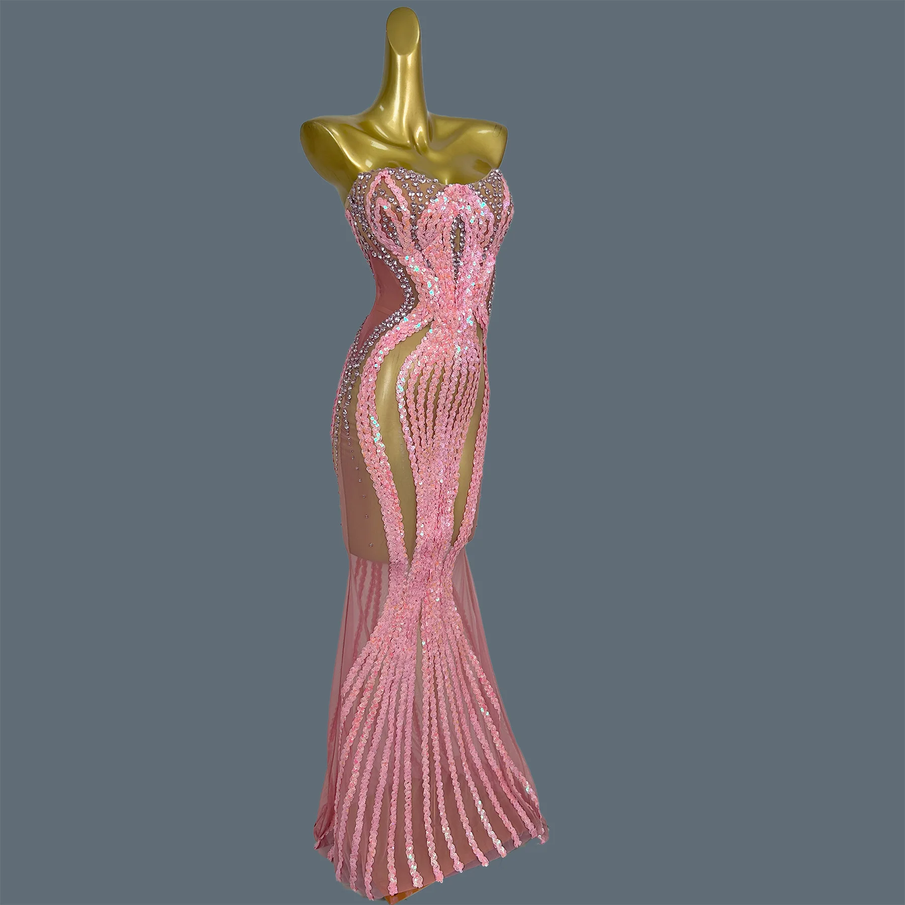 

Fashion Party Evening Gown Women Sexy Strapless Long Dresses Fashion Pink Sequins Slit Gown Gala Prom Red Carpet Outfit Lianhua