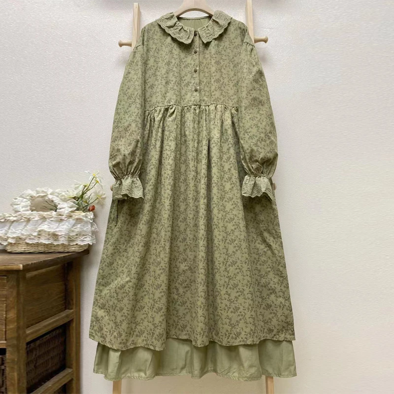 Johnature Mori Women Sweet Floral Dresses For Women 2025 New Loose Cotton Linen Turn-collar Collar Patchwork Casual Dresses