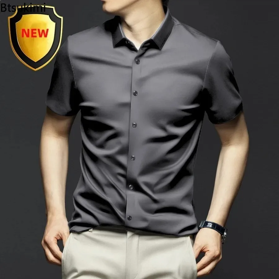 Camisas de manga corta con sensación de hielo para hombres, camisas de vestir de negocios delgadas sólidas de alta calidad, camisas sociales casuales de seda de hielo de verano