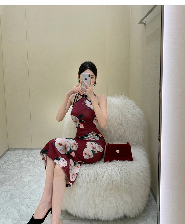 Chinese Style Vintage Woman Dress Halter Collar Sleeveless Hollow Out Female Floral Dress Skinny Office Lady Cheongsam Dresses