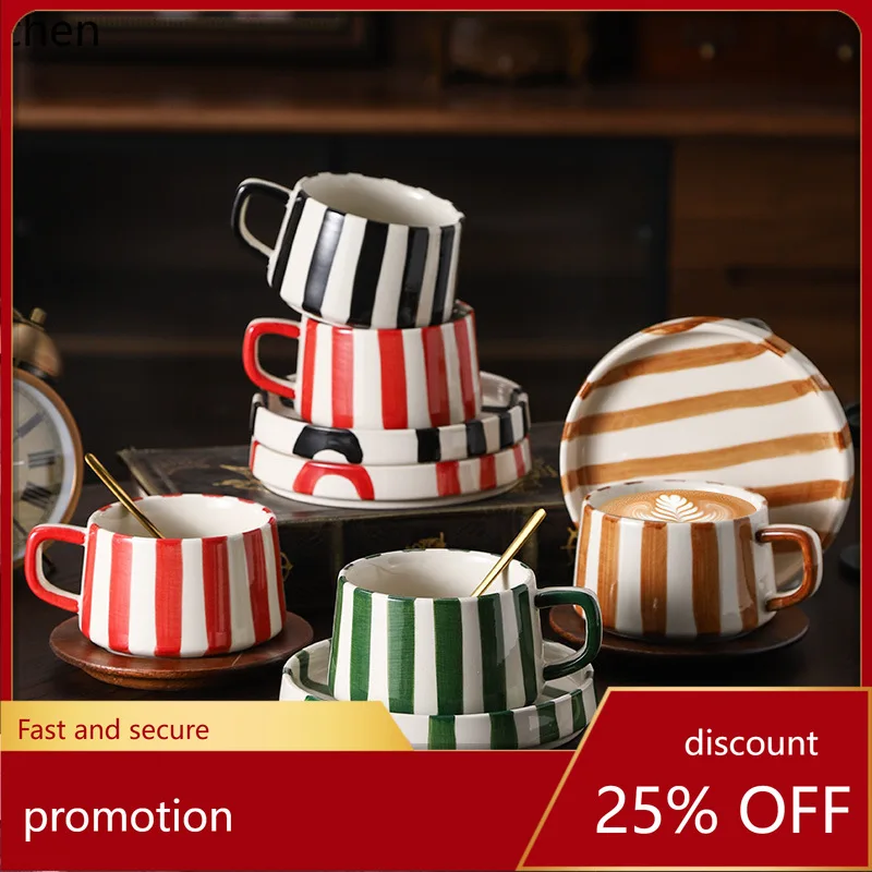 

HXL Hand-painted Striped Ceramic Mug Multi-color Practical Coffee Cup and Saucer