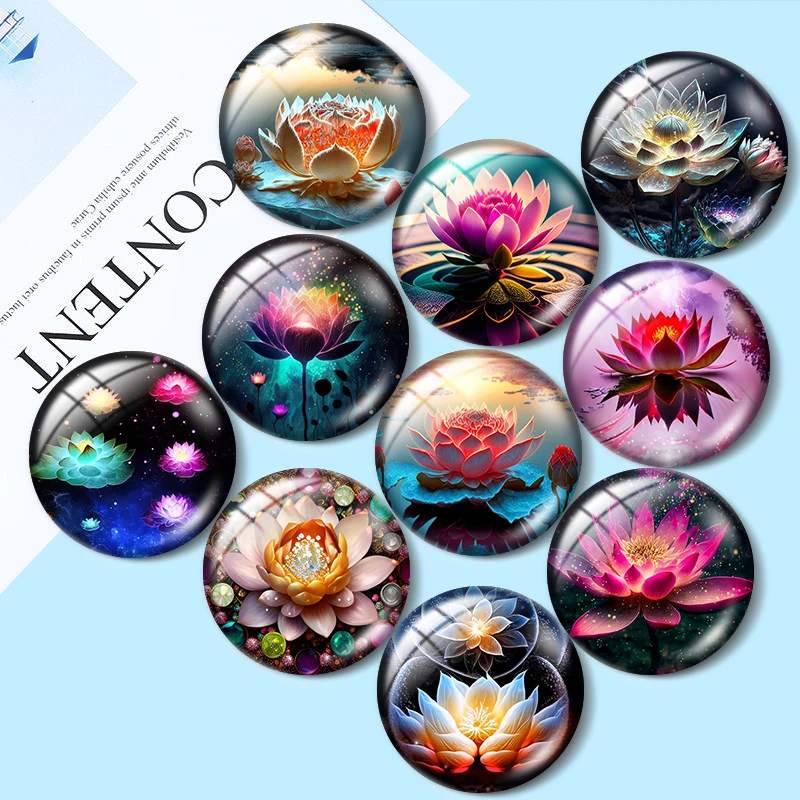 

New lotus flower Art Patterns 10pcs 12mm/16mm/18mm/25mm Round Photo Glass Cabochon Demo Flat Back Making findings