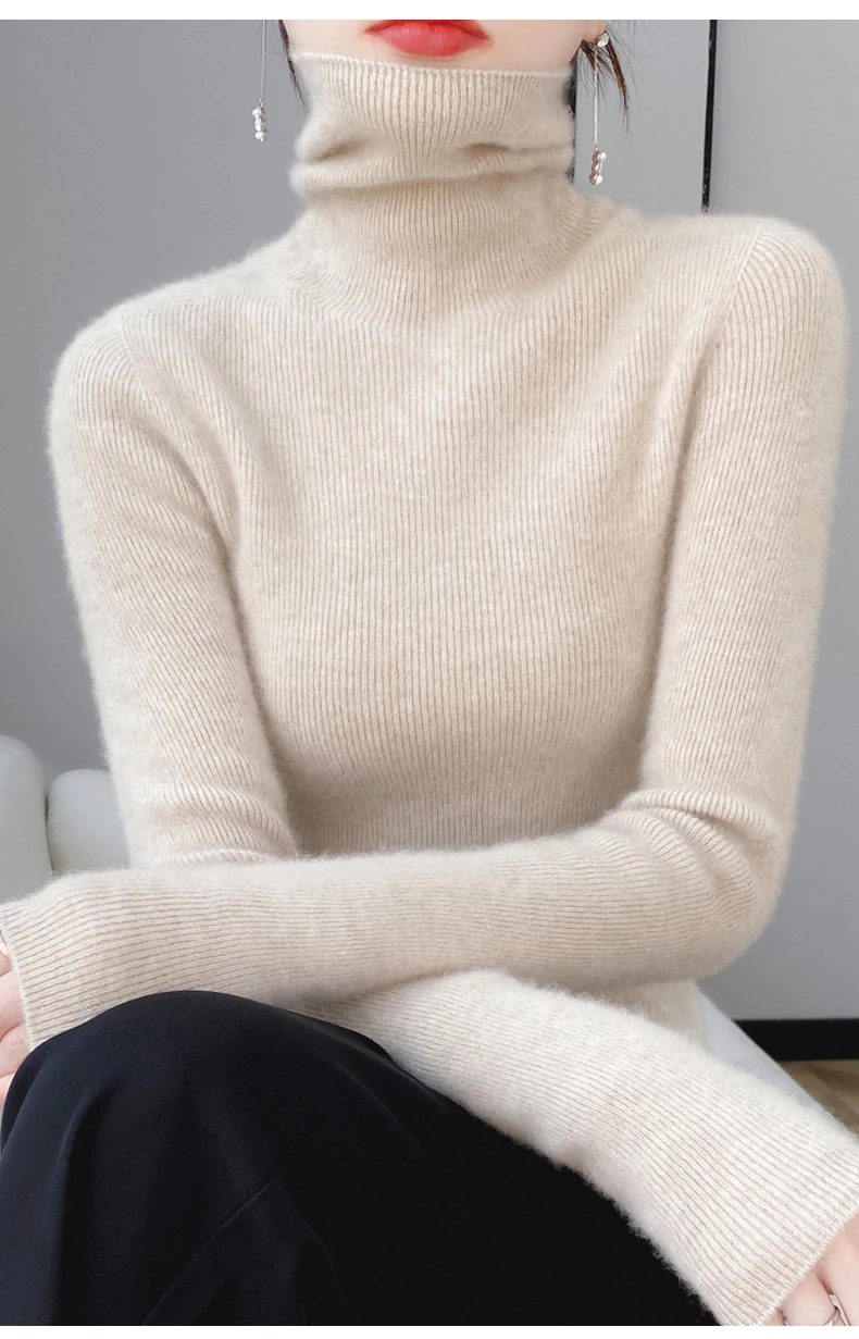 

Women's 100% Pure Cashmere Sweater, High-Necked, Long-Sleeved, Slim, Monochromatic, Ready-to-Wear, Autumn, Winter