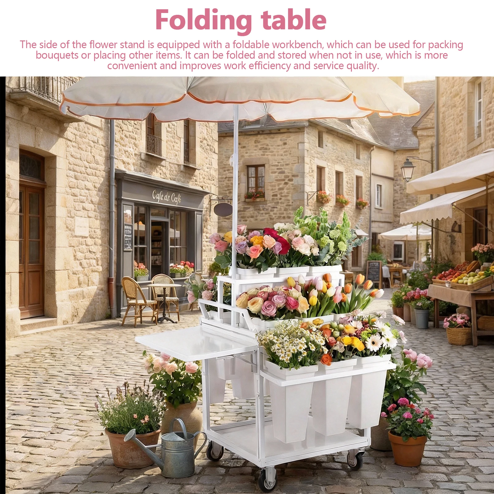 

Стеллаж-тележка для цветов с 18 ведрами, усиленная, передвижная, на колесах, с зонтом, для использования в помещении, на террасе, в саду, дома