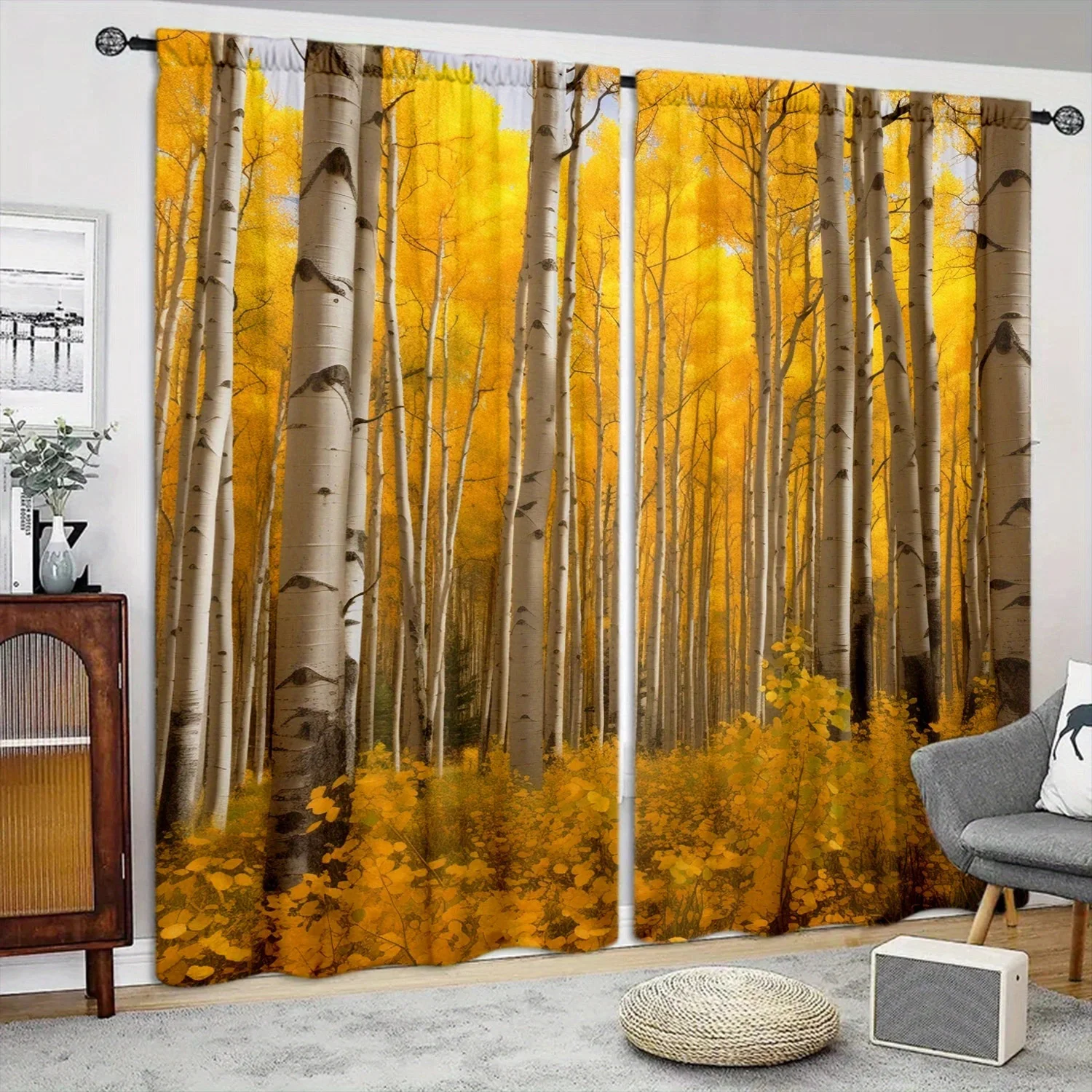 Yellow Birch Printed Curtain for Home Decor - Rod Pocket Window Treatment for Bedroom, Kitchen, Living Room