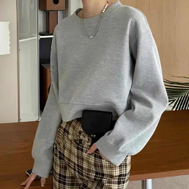 

Rimocy Korean Women Cropped Sweatshirt Autumn Long Sleeve Round Collar Hoodies Woman 2025 Solid Color Casual Pullovers Female
