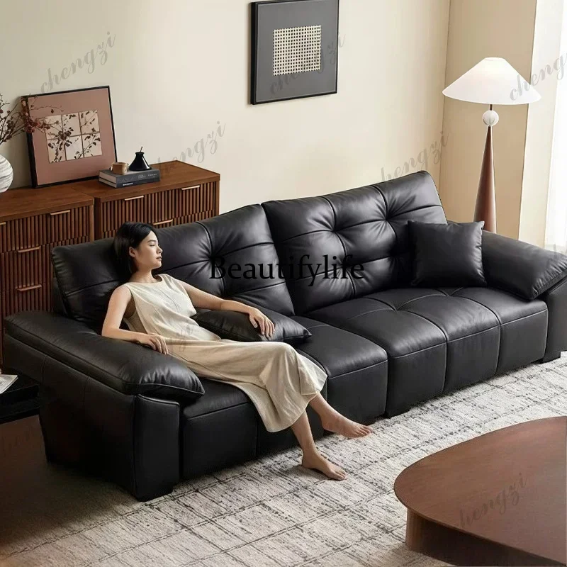 A49 Italian minimalist black leather sofa household double triple straight row living room sofas and seating couch home furnitu