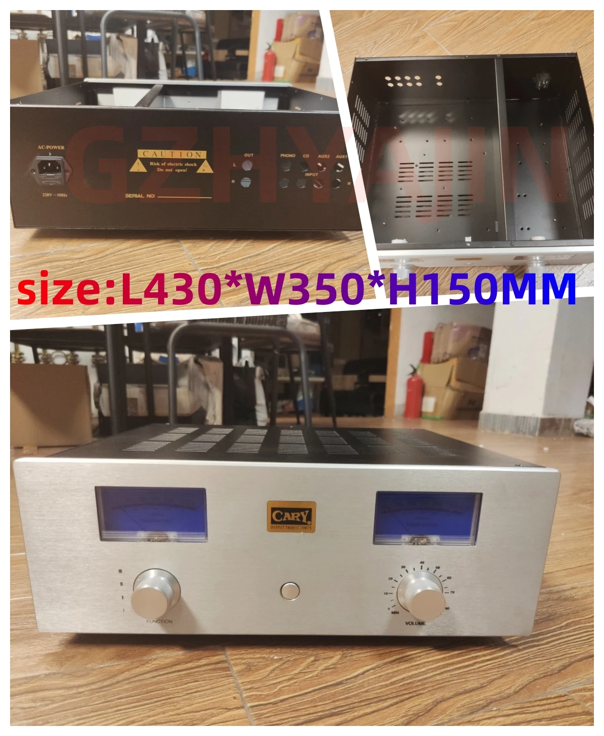 HIFi power amplifier case with UV level meter head, front stage fever DIY case, size: L430 * W350 * H150 MM