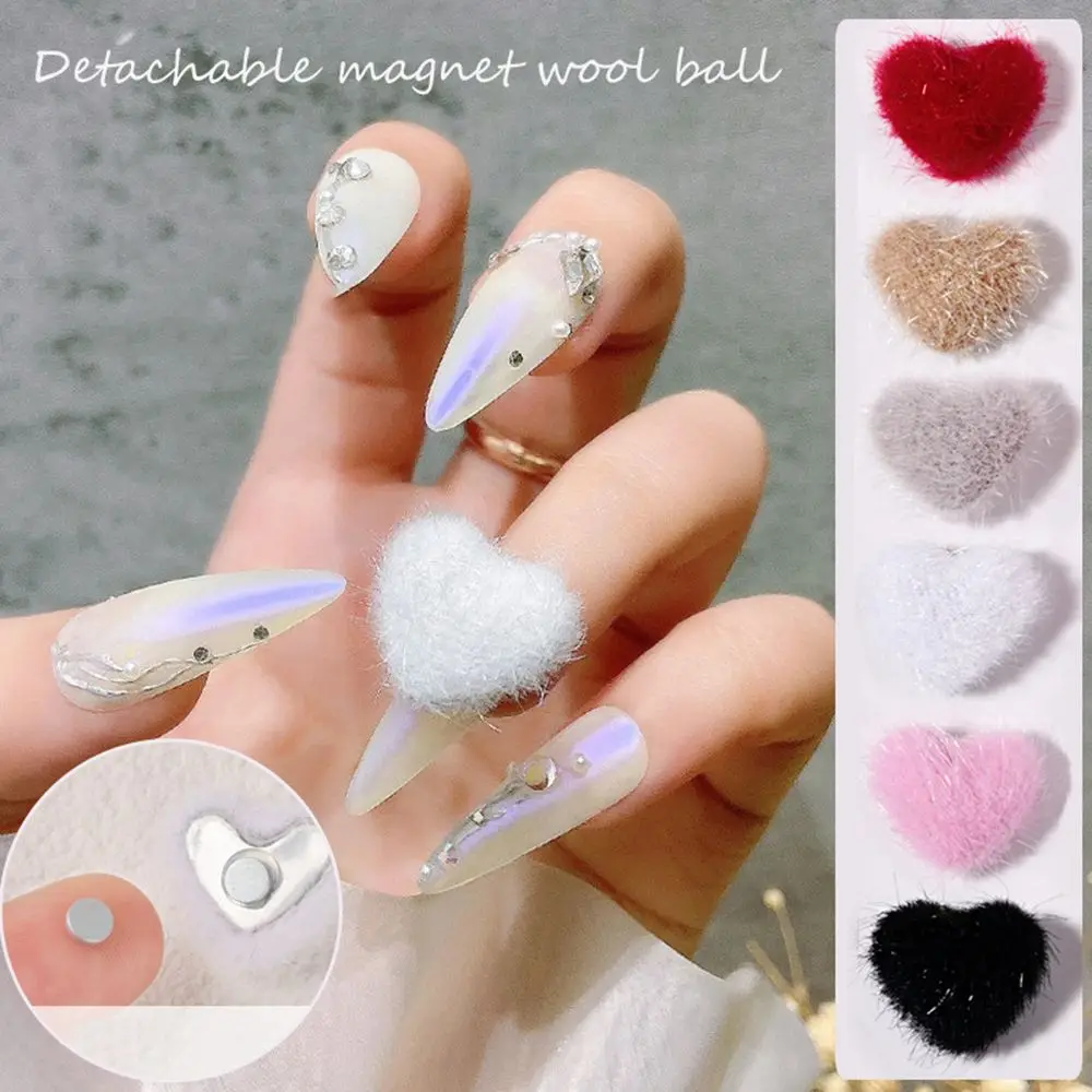 Detachable Nail Art Love Hair Ball Fluffy Jewelry Magnet Fall Winter Plush Charm Peach Heart DIY Nail Decor Women Manicure Tool