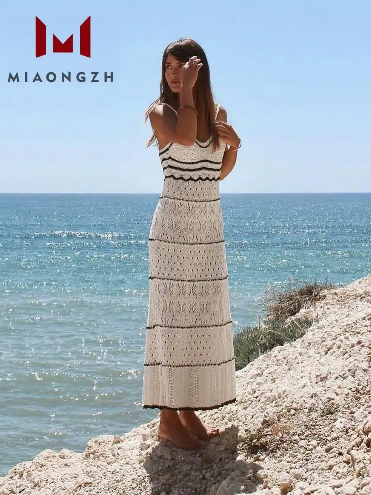 Vestidos de punto elegantes ahuecados para mujer, ropa Sexy sin mangas a rayas de cintura alta, ajustada y elegante para vacaciones y playa, novedad de verano 2024