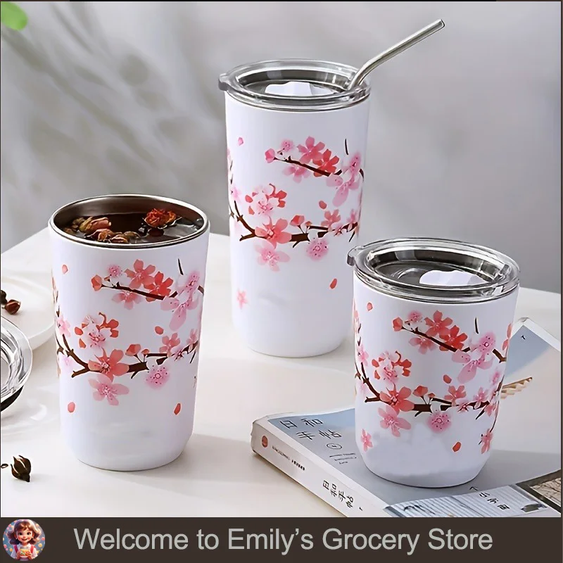 

Stainless Steel Coffee Cup Cherry Blossom Pattern Thermal Mug with Lid Travel Mug Milk Tea Leak-Proof Double Wall Water cup