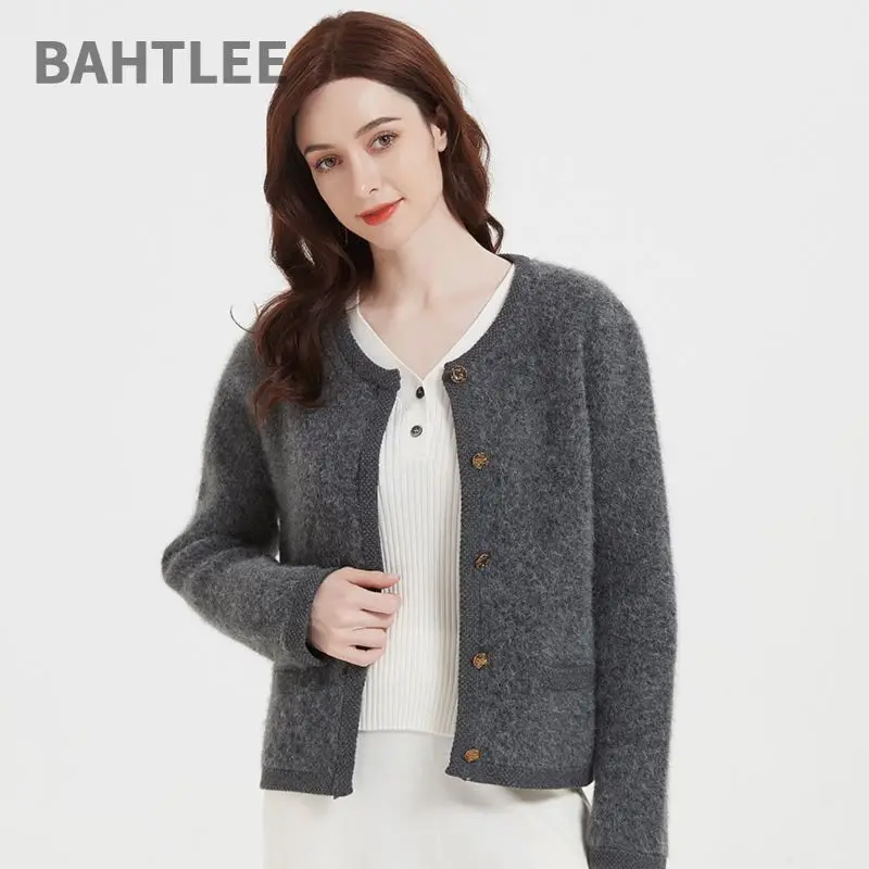 BAHTLEE-Women's Alpaca Wool Short Sweater, Long Sleeves, O-Neck, Thick Knitted Pocket, Metal Button, Winter