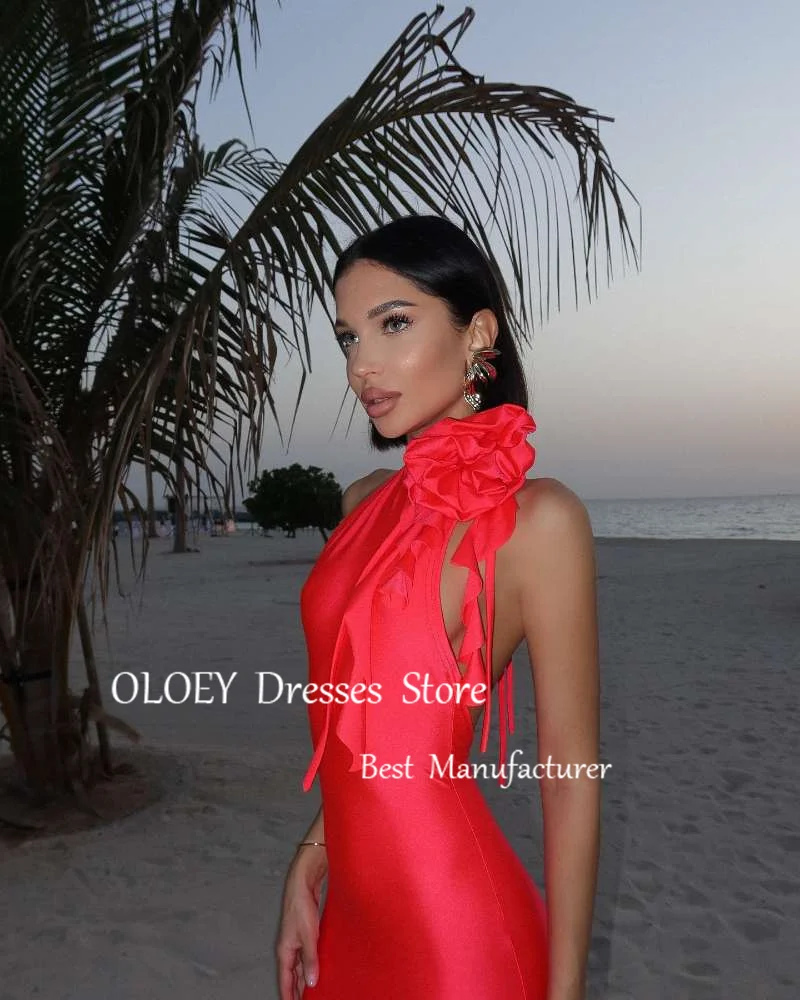 OLOEY Red Mermaid Evening Party Dresses High Neck Flowers Silk Satin Wedding Party Beach Prom Gowns Formal Party Dress