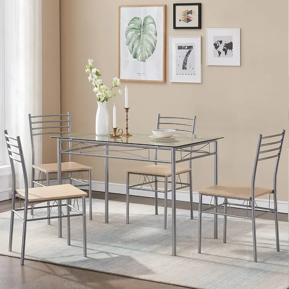 5 Piece Dining Table Set for 4 with Chairs Glass Top Small Space Silvery Simple Assembly Sturdy and Stable