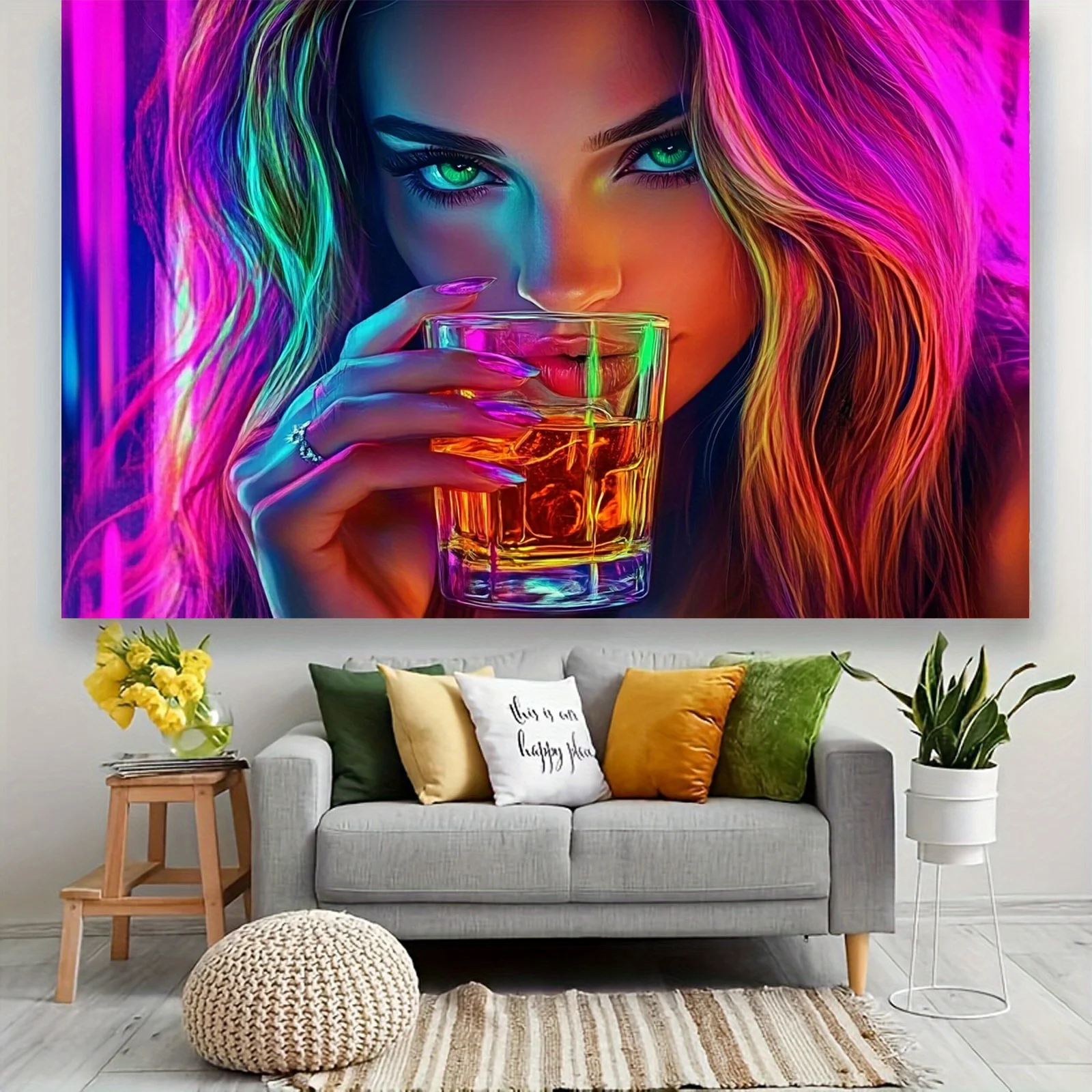 Neon Cyberpunk Girl Tapestry, Glowing Portrait Wall Hanging, Vibrant Digital Art Decor for Bedroom Dorm Game Room Background
