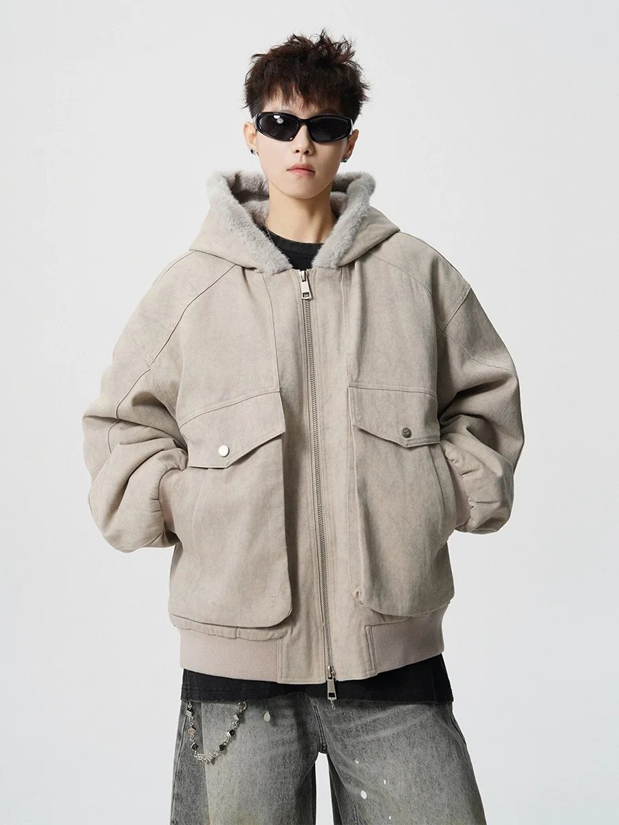 

Trendy Loose Marble Eagle Hooded Cotton Jaet Men's Winter Faux Mink Fur Workwear Cotton Coat Stand Fit Polyester Li...