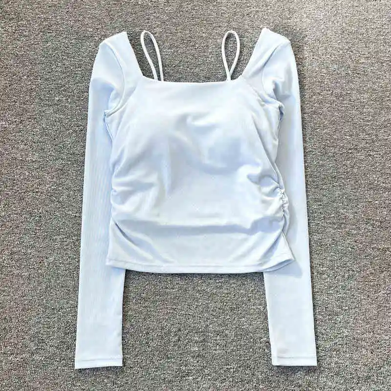Yoga Long Sleeve Women's Autumn and Winter Semi Fixed Cups Spaghetti Straps Athletic T-shirt Waist Side Slim Fitness Clothing