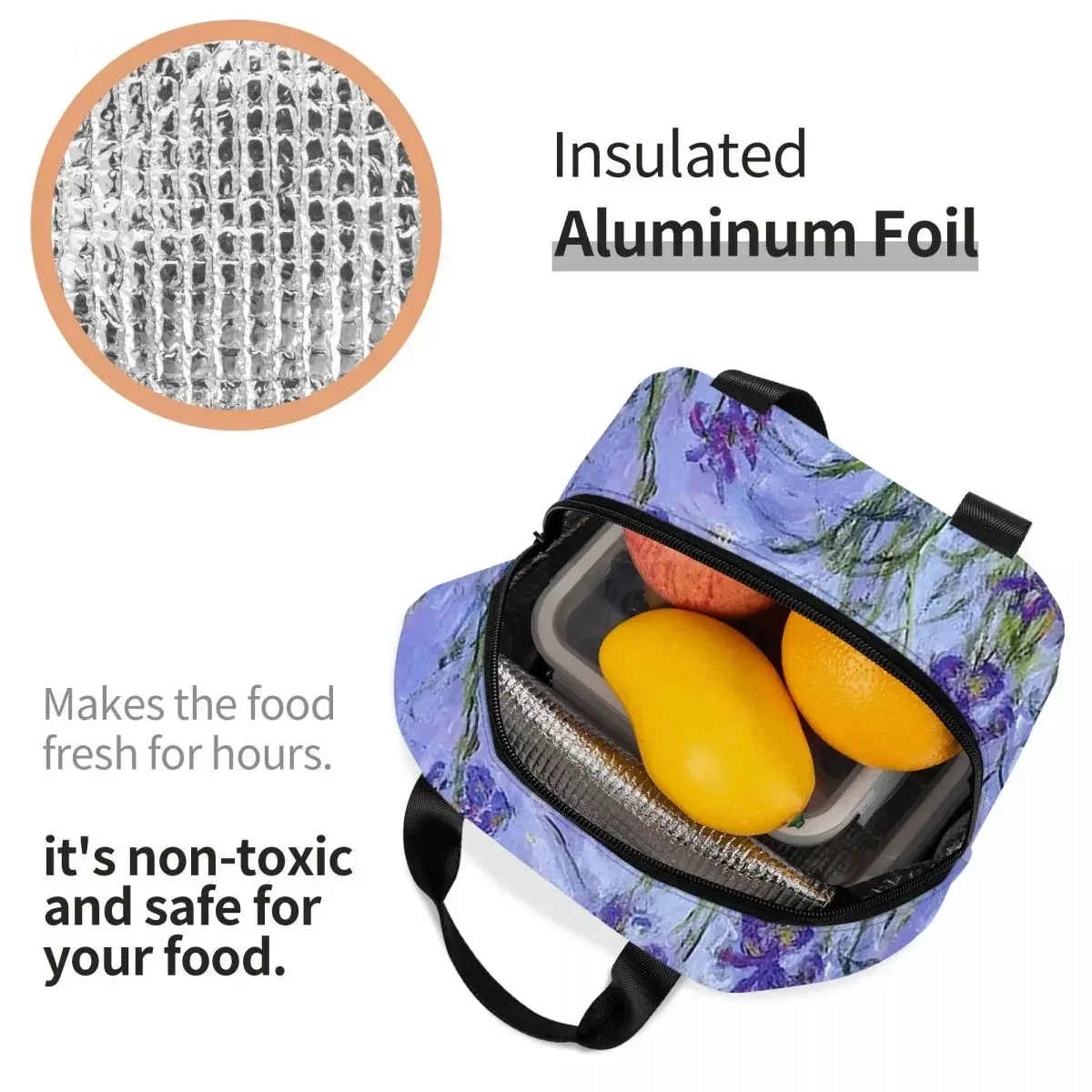 Claude Monet Lilac Irises 191 Insulated Lunch Bag for Women Children Portable Food Boxes Thermal Lunch Box Tote view 4