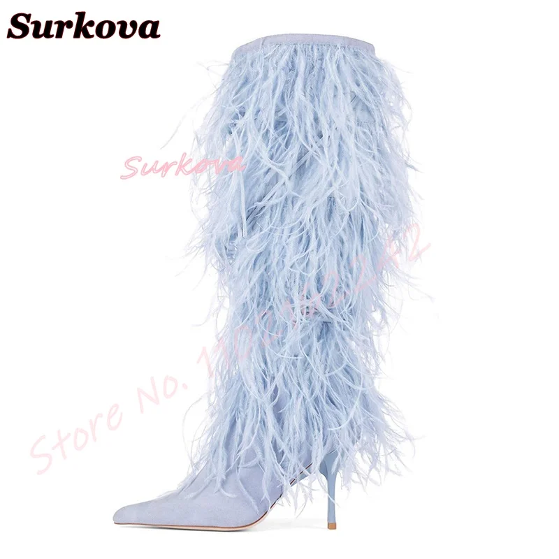 Light-Colored Feather High-Heeled Knee-High Boots For Women, Pointed Slip-On Snow Boots, Elegant Spring Catwalk Party Long Boots