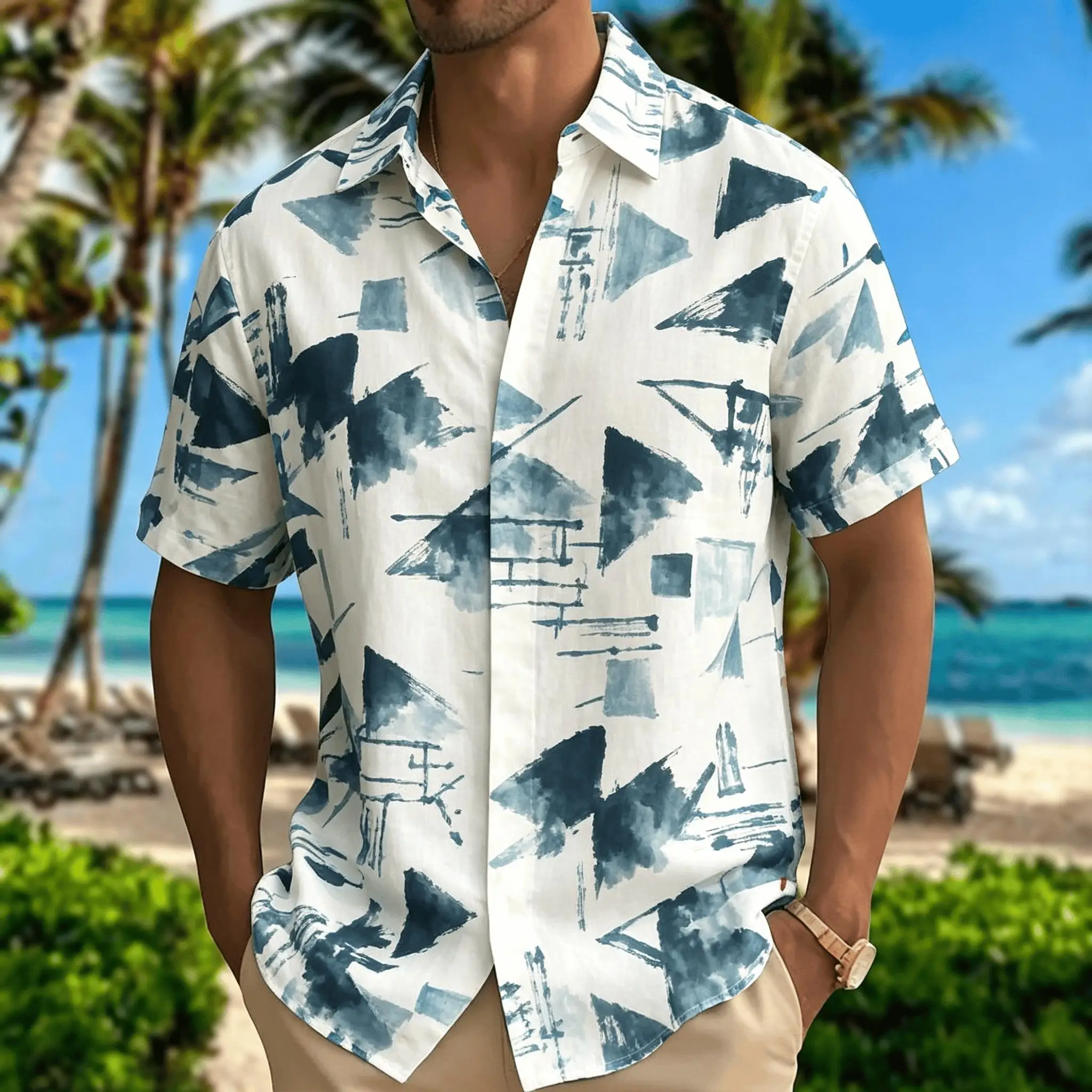 

Men's Minimalist Ink Geometric Print Short Sleeve Shirt, Casual Streetwear Button Up Shirt for Spring Summer