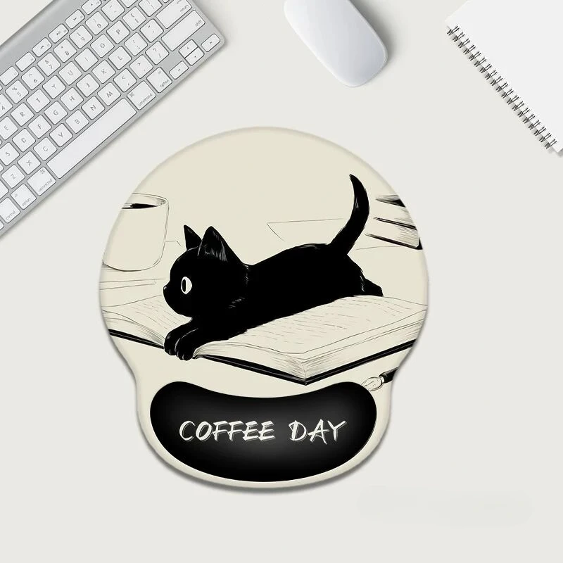 Cute Cartoon Cat Mouse Pad Black Gel Rubber Desk Mat Non-Slip Wrist Rest Mat Ergonomic Mousepad Under Hand Office Mouse Carpet