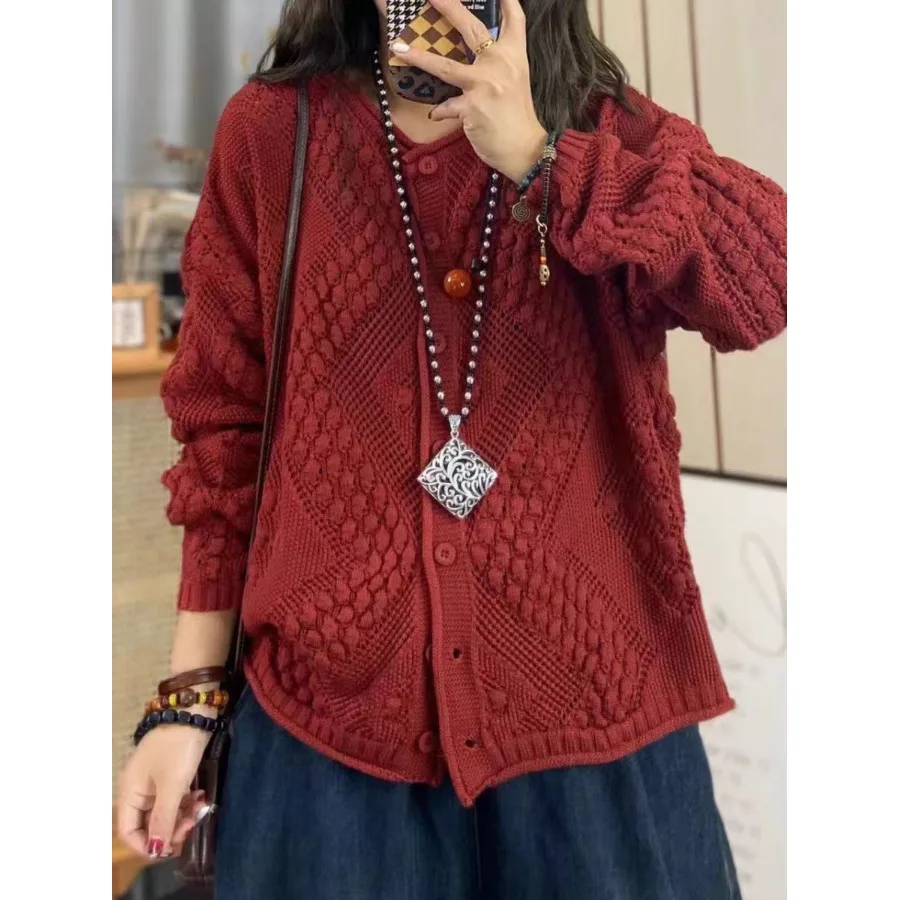 เสื้อคาร์ดิแกนถักทรงกลมแบบเรโทรสำหรับผู้หญิง ทรงหลวม สไตล์ลำลอง แขนยาว เสื้อสเวตเตอร์แฟชั่น ทันสมัย สำหรับฤดูใบไม้ร่วง สีใหม่