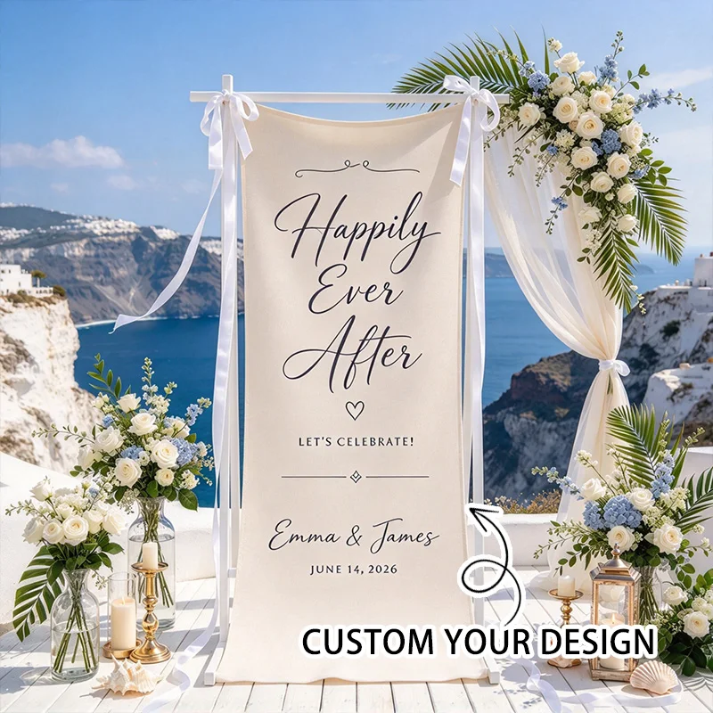 1pc Custom Happily Ever After Polyester Fabric Wedding Welcome Sign,  Rustic Reception Decor, Elegant Wedding Entrance Backdrop