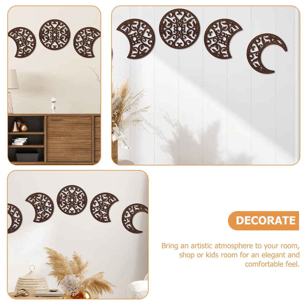 5 Pcs Bohemia Hollow Out Moon Phase Wood Chip Decoration Boho Wall Stickers Home Sun Rustic