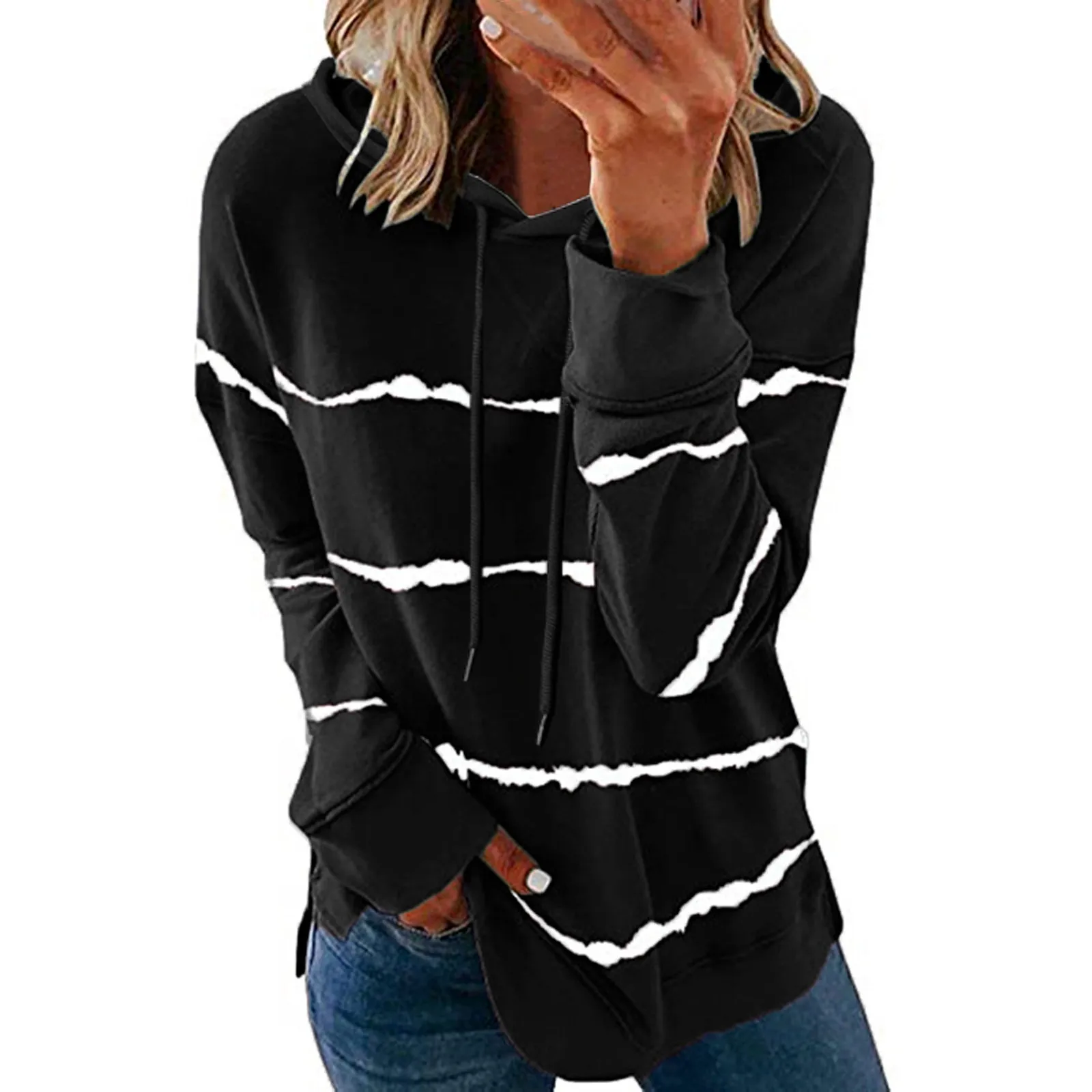 Women\'s Pullover Fashion Casual Stripe Print Hooded Long Sleeve Loose T Shirt Tops