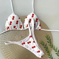 Conjunto de Bikini con estampado de cerezas para mujer, traje de baño de dos piezas con Tanga brasileña, 2023