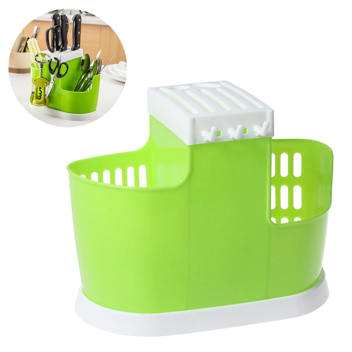 

Plastic Utensil Organizer Flatware Holder Green Holey Base Sturdy Countertop Storage Easy Clean Machine Washable