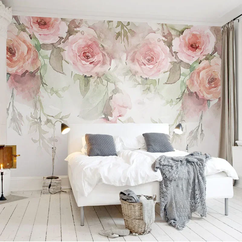 Papel tapiz pintado a mano con acuarela y flores rosas modernas, para sala de estar, dormitorio, fondo Pastoral, pintura de pared, papel de pared 3D