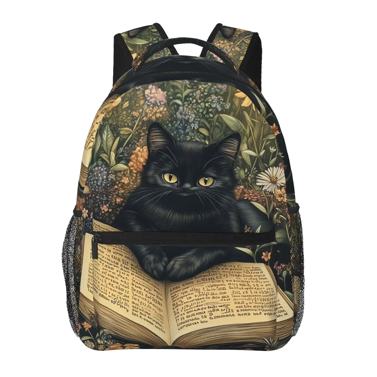 

Black Cat In A Book Surround Colour Flower Student Backpack School Bag Hiking Travel Daypack for Men Women Bookbag Shoulder Bags