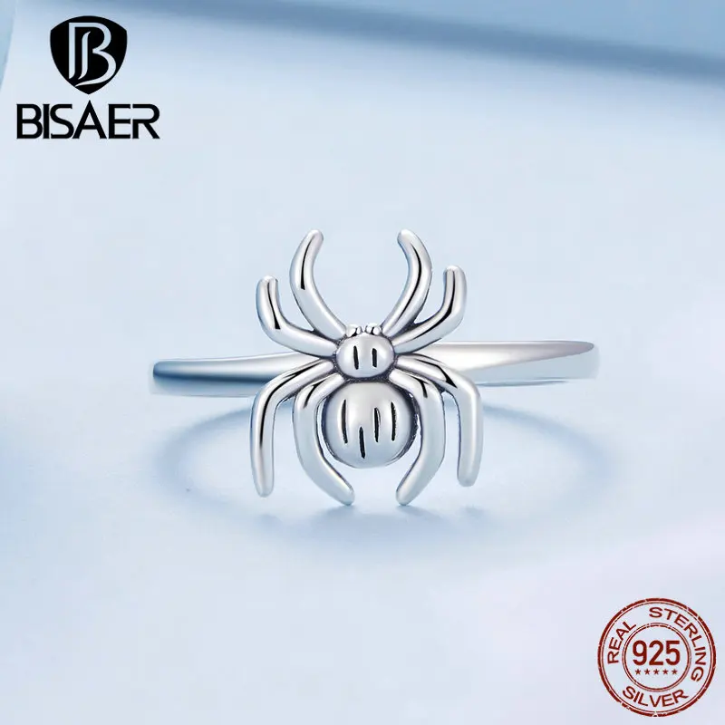 BISAER 100% 925 Sterling Silver Spider Jewelry Sets Animal Ring Eearrings For Women Party Gift Fine Jewelry