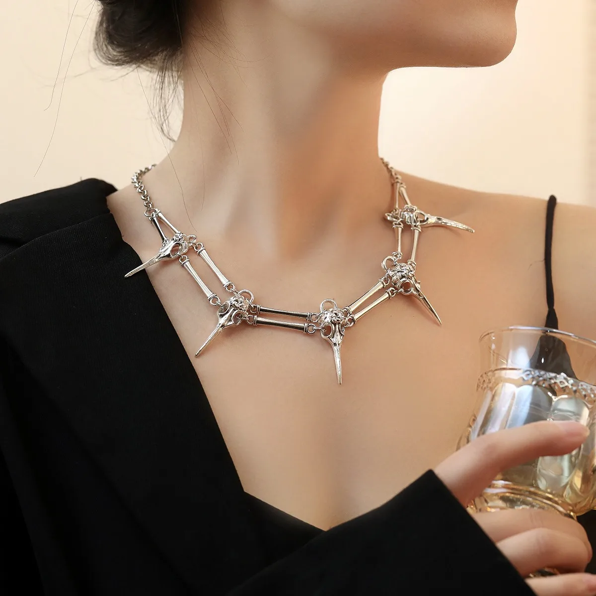 

Dark Academia Gothic The Raven Pendant Necklace Antiqued Silver Bird Skull Clavicle Chain Unisex Mens Choker Boho Statement Gift