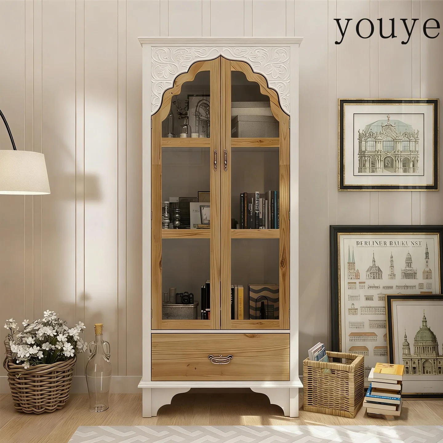 American-style light luxury solid wood bookcase, natural wood-style two-tone glass door, French vintage carved sideboard