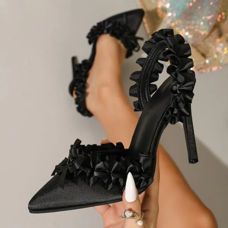 

Sweet Bow Ruffled Decoration High Heels Women Sexy Pointed Toe Slingback Stiletto Sandals Comfortable Silk Wedding Bridal Shoes